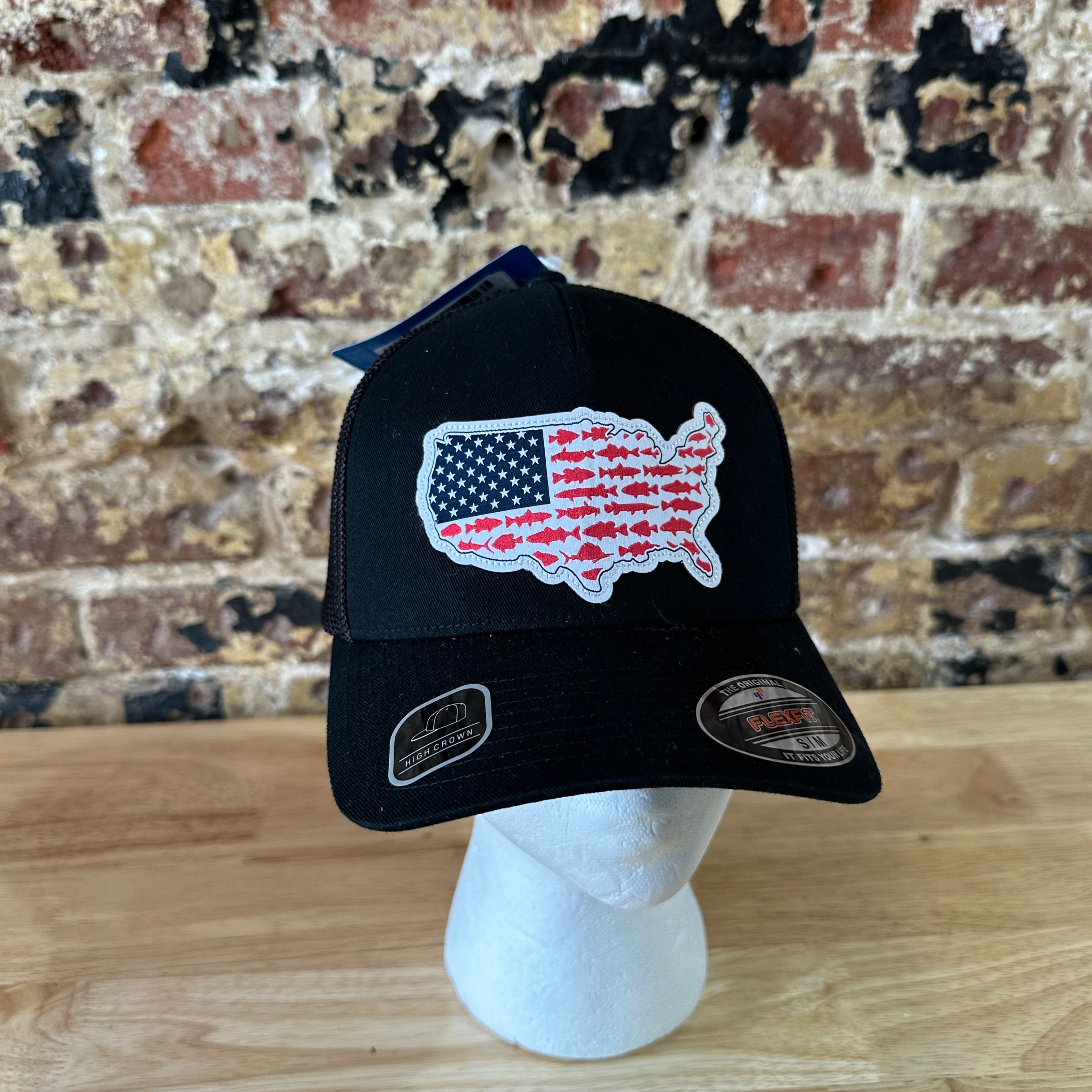 Columbia PHG Hat S/M Black USA Flag Fish Mesh back Logo NWT