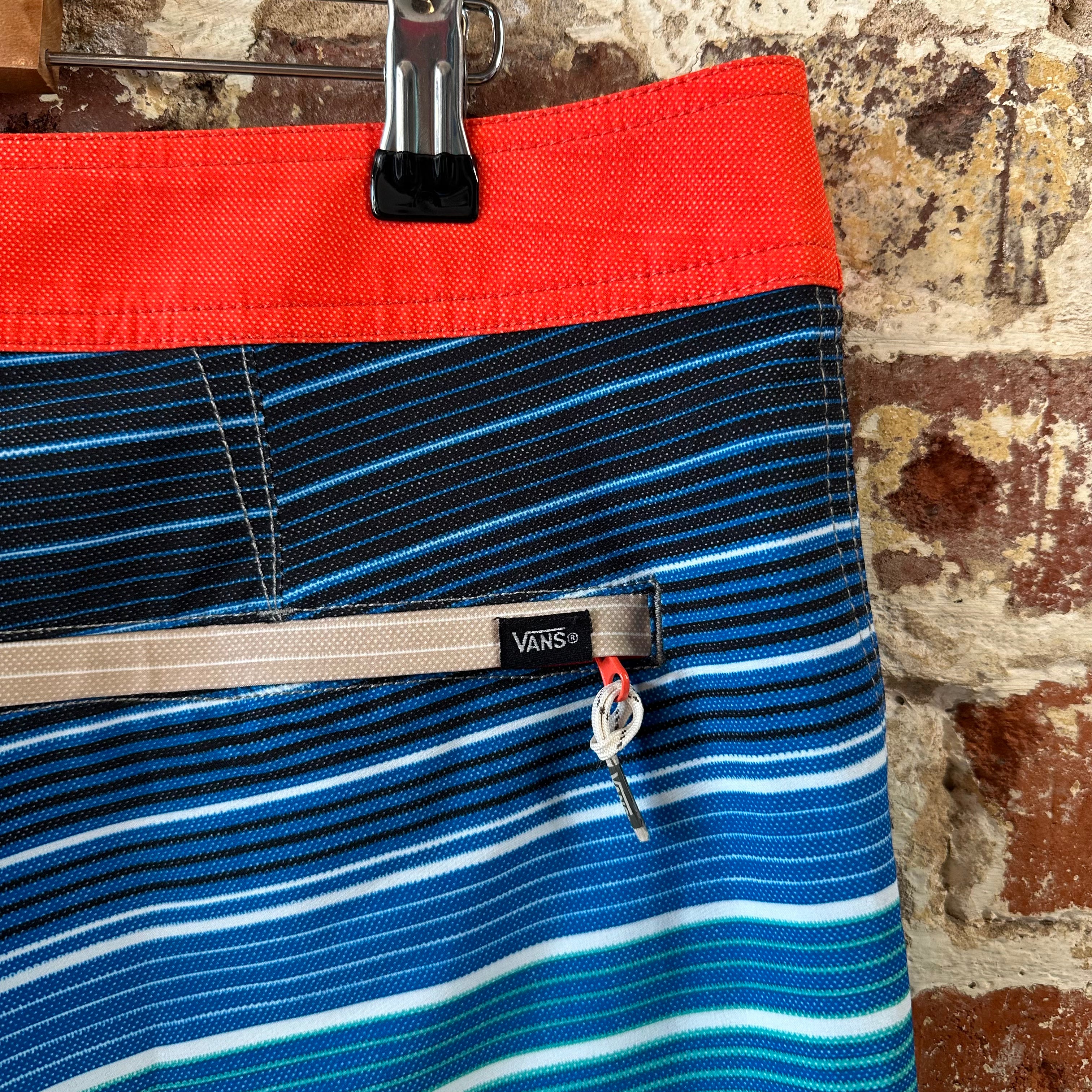 Vans Swim Trunks Board Shorts Size 34 Red Blue Striped Beach Lake 9" inseam