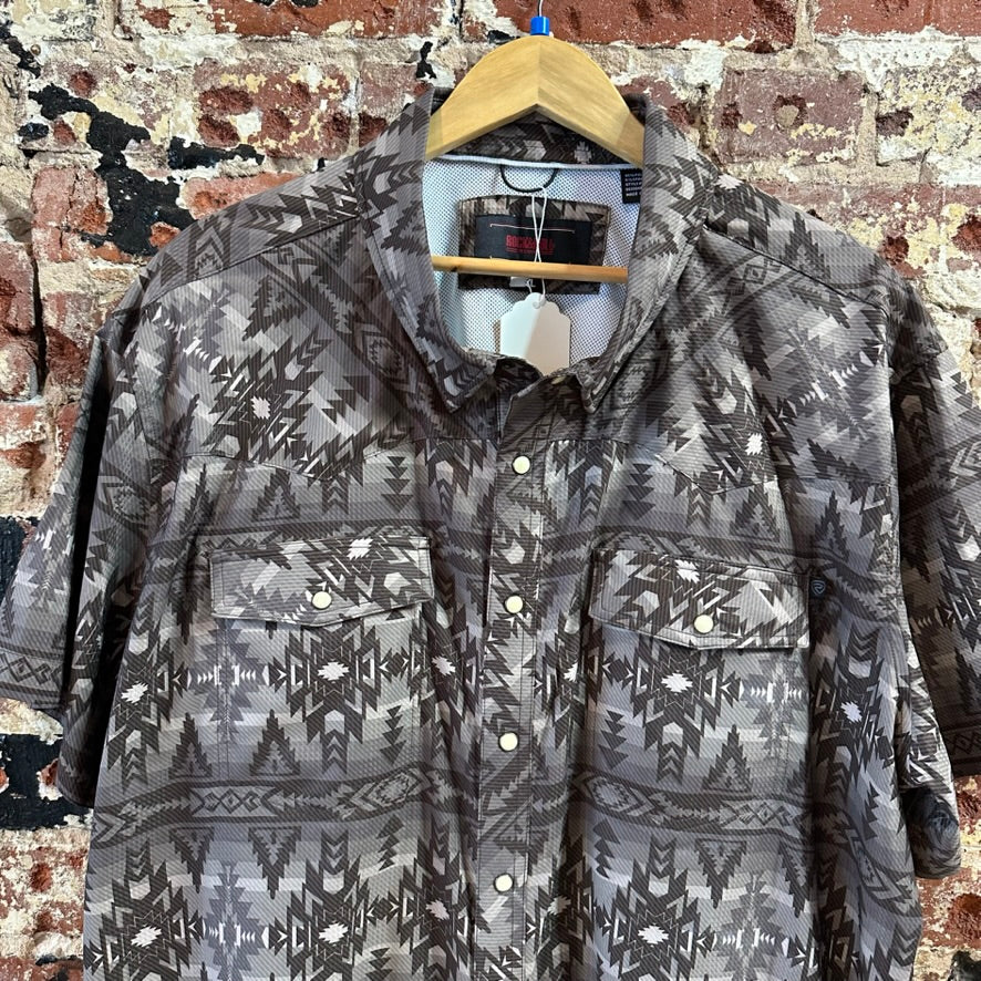 Rock & Roll Aztec Western Shirt Short Sleeve Snap Button Mens 2XL Brown