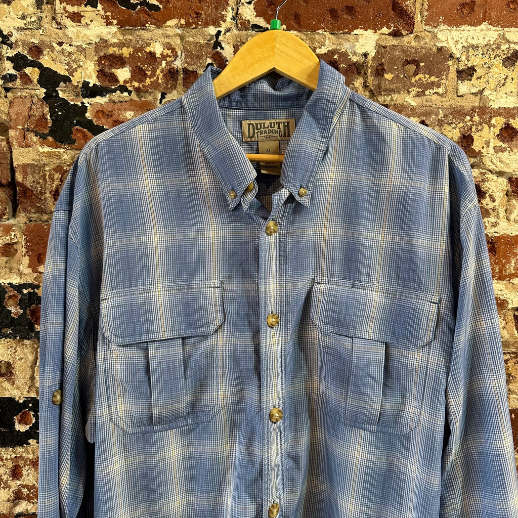 Duluth Trading Mens XL Button Down Shirt Blue Plaid Long sleeve Nylon