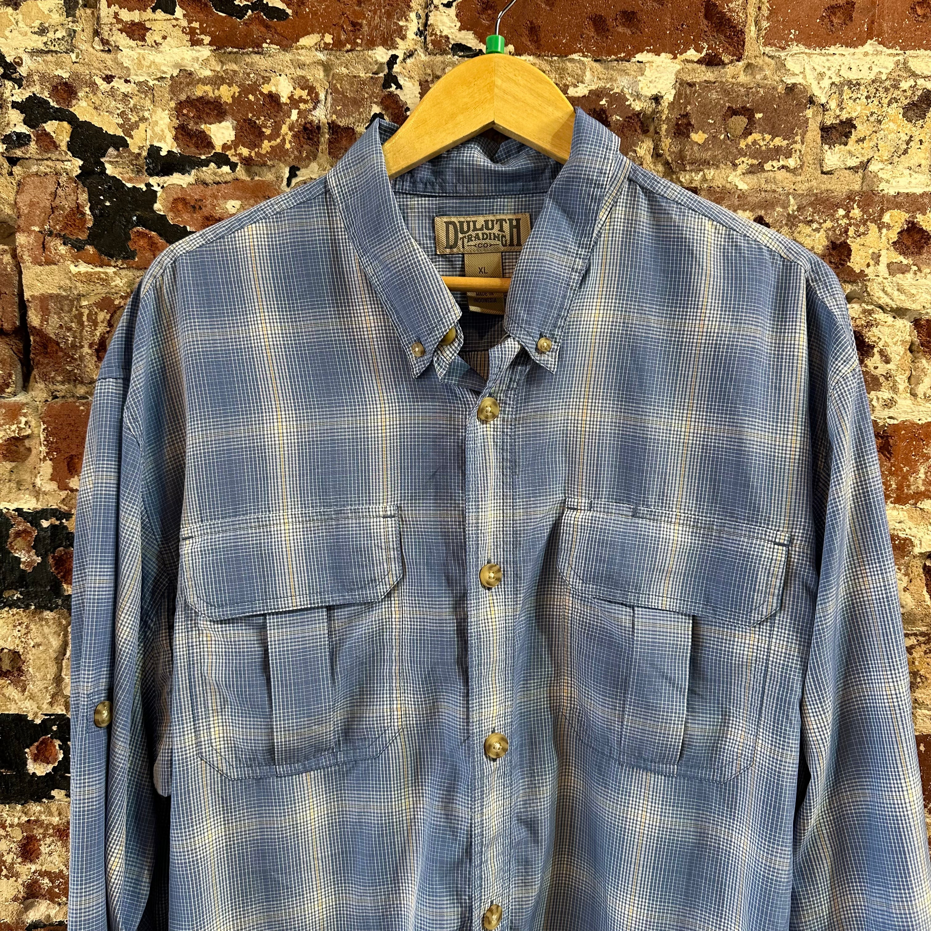 Duluth Trading Mens XL Button Down Shirt Blue Plaid Long sleeve Nylon