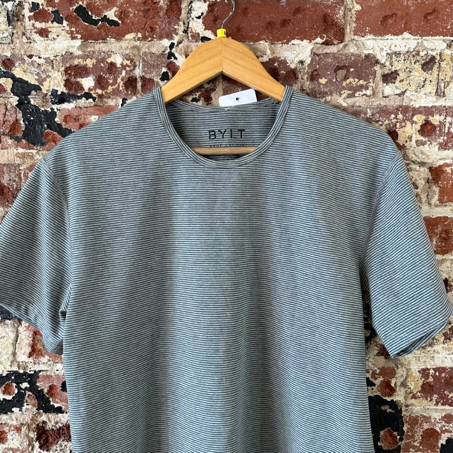 BYLT Drop Cut Mens Medium Short Sleeve Stretch T Shirt Green striped