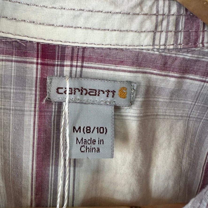 Carhartt Womens Medium Button Shirt 3/4 Sleeve Button Up Workwear White plaid