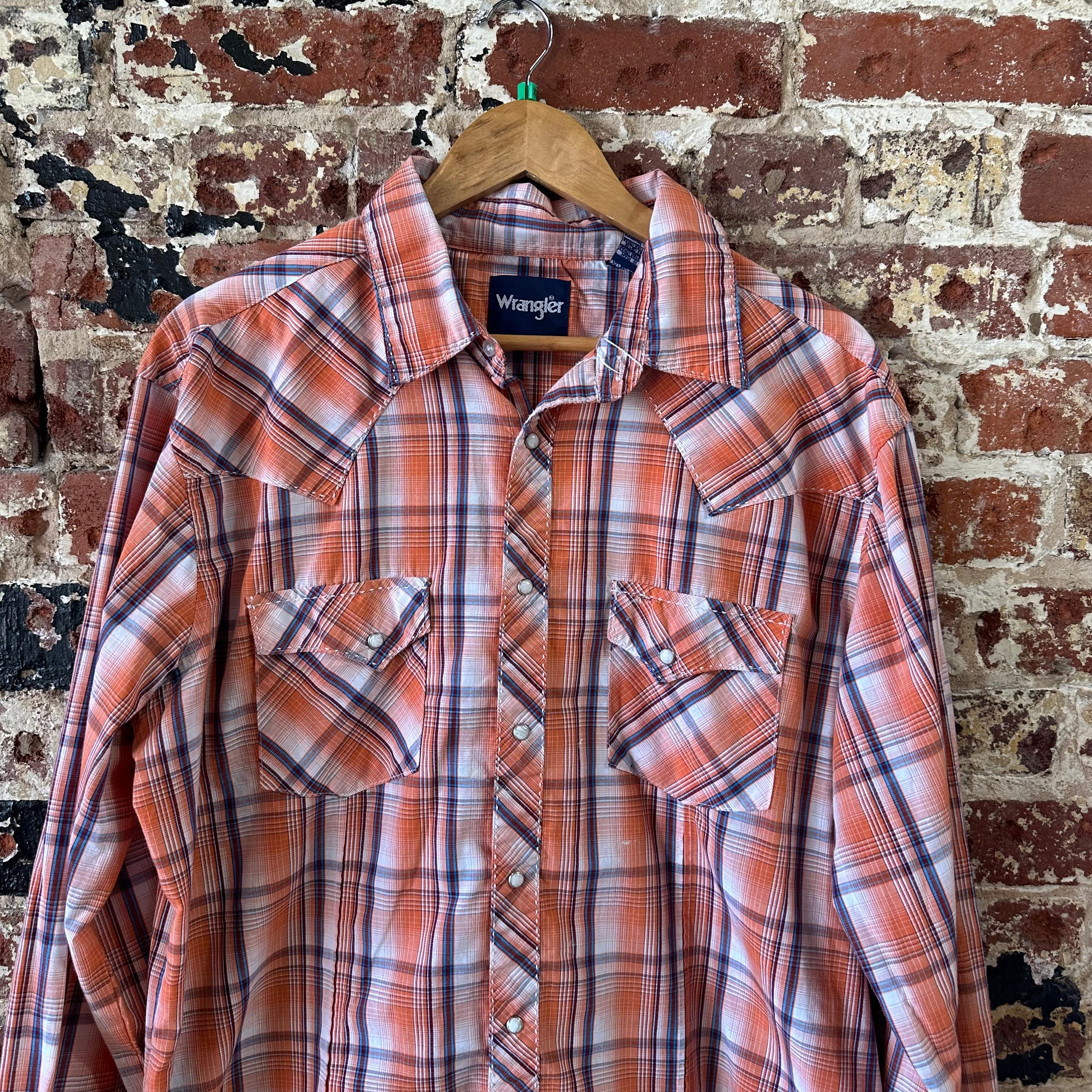 Wrangler Shirt Mens XL Long Sleeve Button Pocket Rockabilly Western Snap Orange