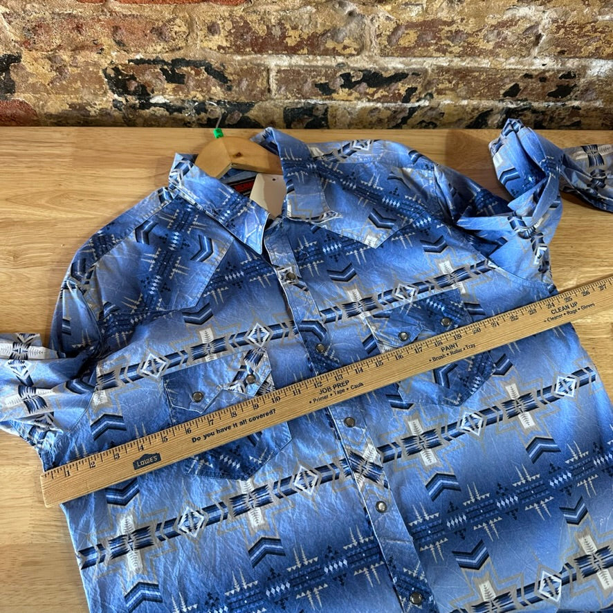 Rock N Roll Shirt Mens XL Long Sleeve Western Aztec Pearl Snap Southwestern Blue