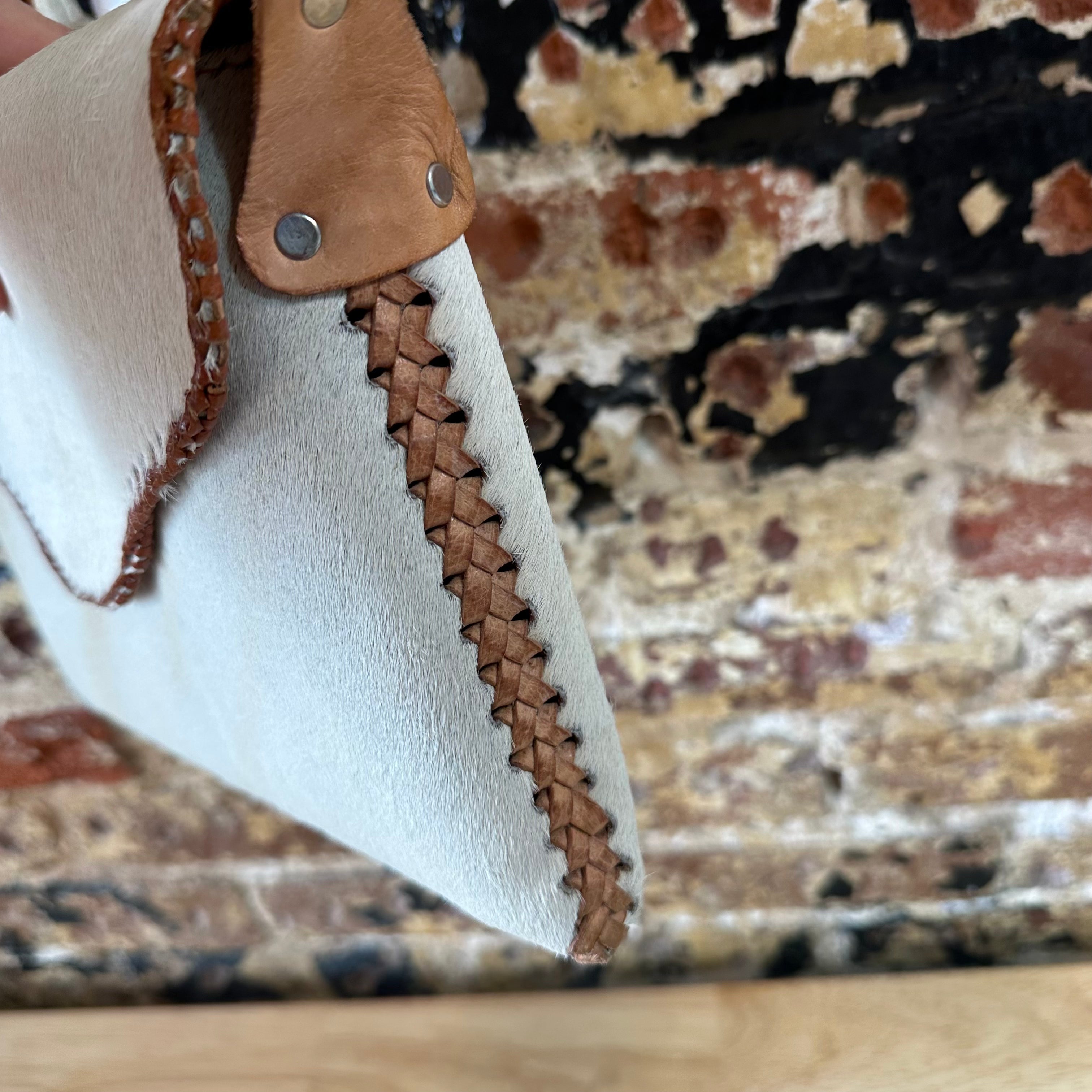Vintage Western Cowhide Crossbody Bag Leather Handbag White 10"x8.5"