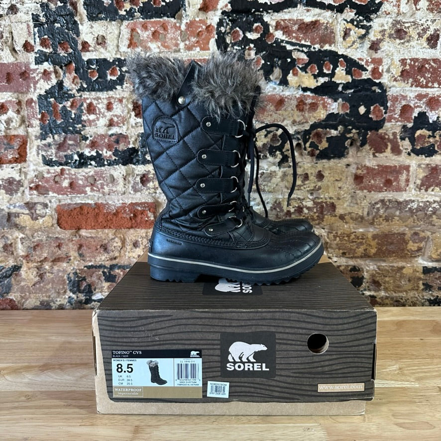 Sorel Tofino Faux Fur Trimmed Leather Lace Up Boots Size 8.5 Black Waterproof