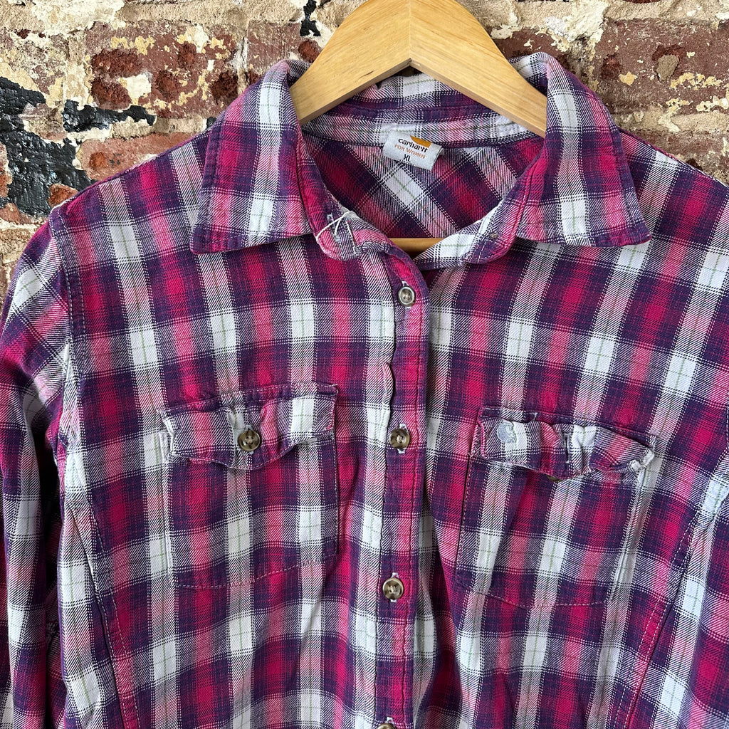 Carhartt Womens XL Button Up Flannel Shirt Pink Purple Plaid long sleeve