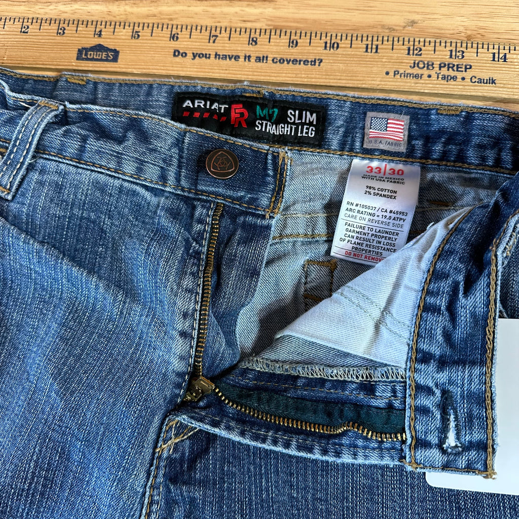 Ariat FR Jeans Men's 35x23.5 M7 Slim Straight Blue denim *HEMMED