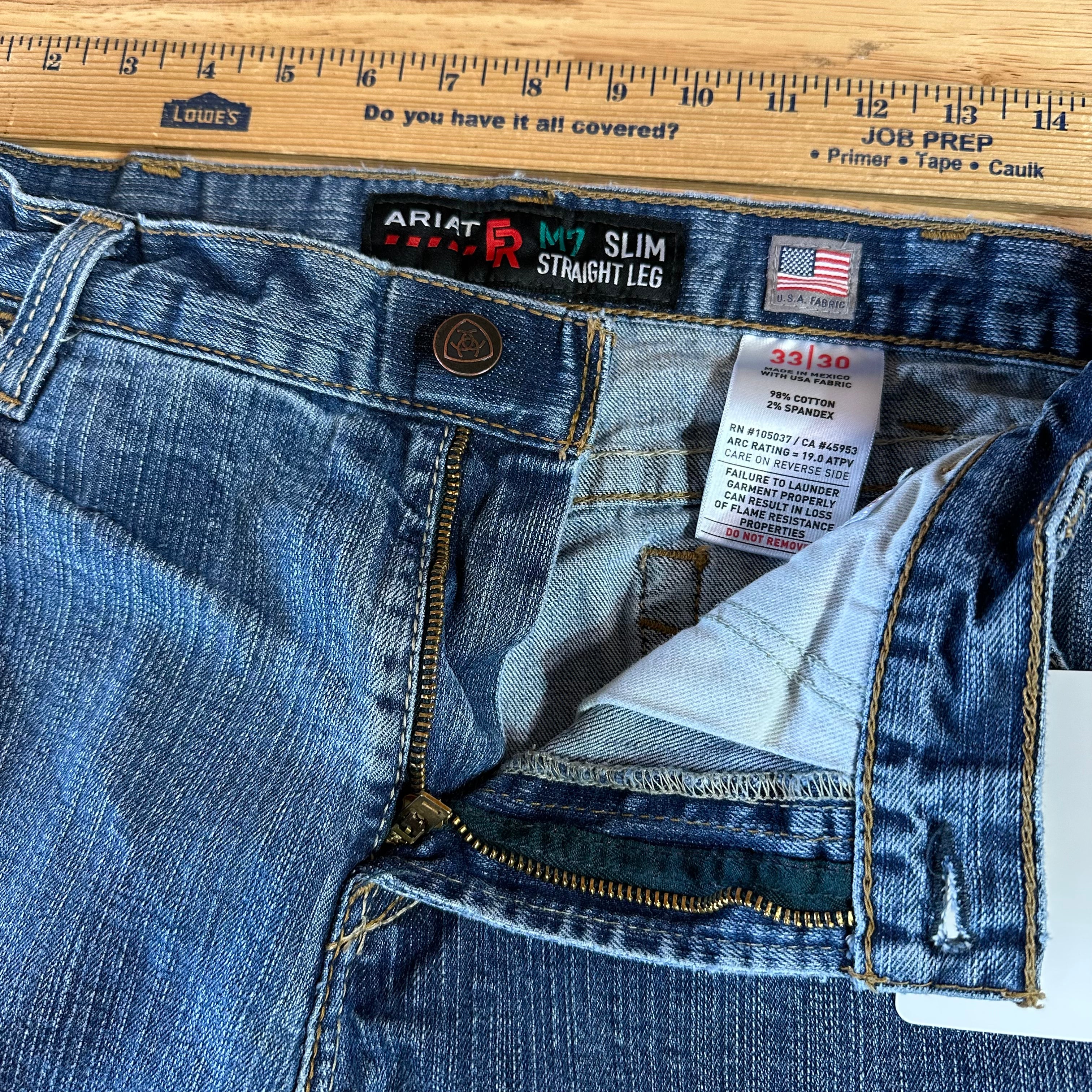 Ariat FR Jeans Men's 35x23.5 M7 Slim Straight Blue denim *HEMMED