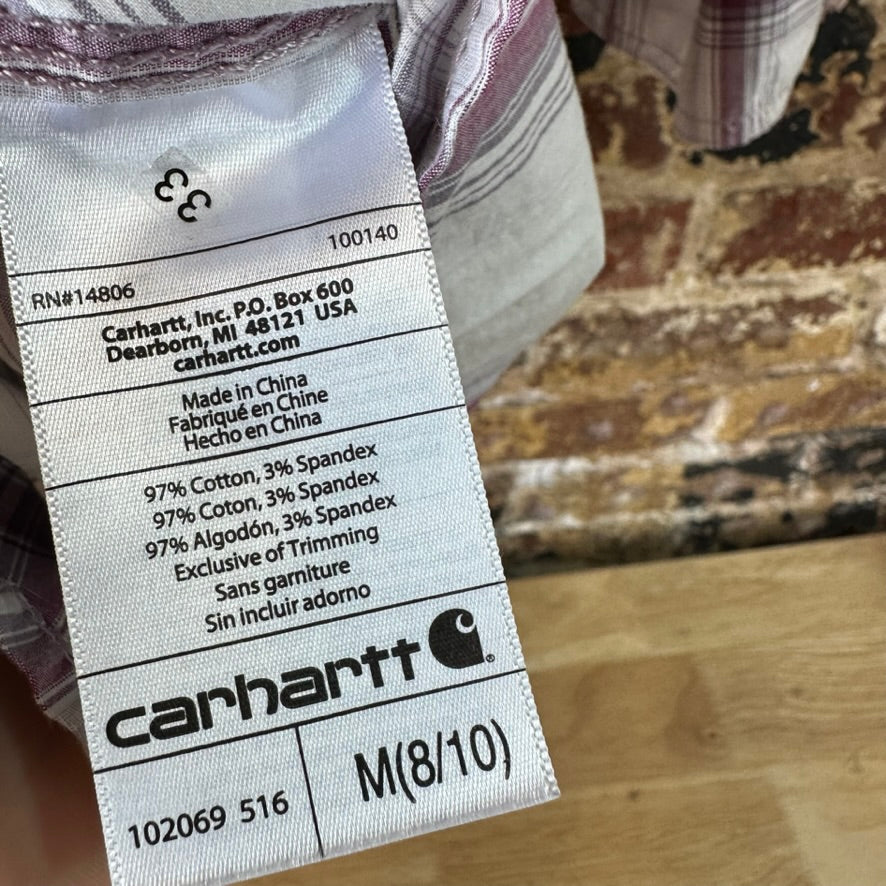 Carhartt Womens Medium Button Shirt 3/4 Sleeve Button Up Workwear White plaid