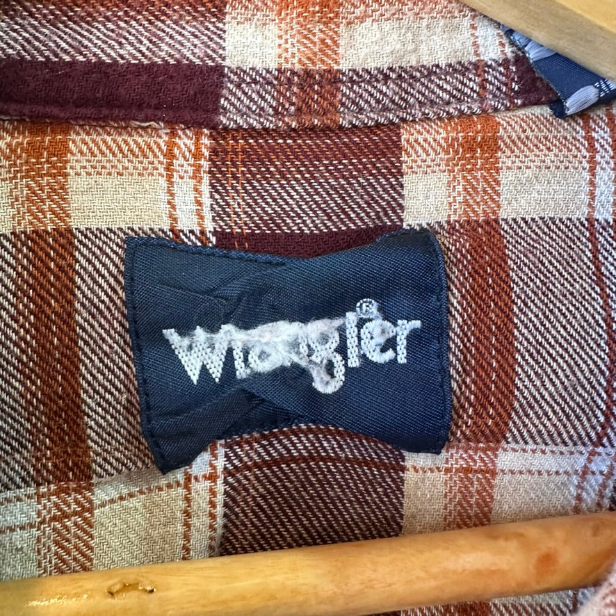 Wrangler Flannel Shirt Mens XL Pearl Snap Button Long Sleeve Brown Plaid