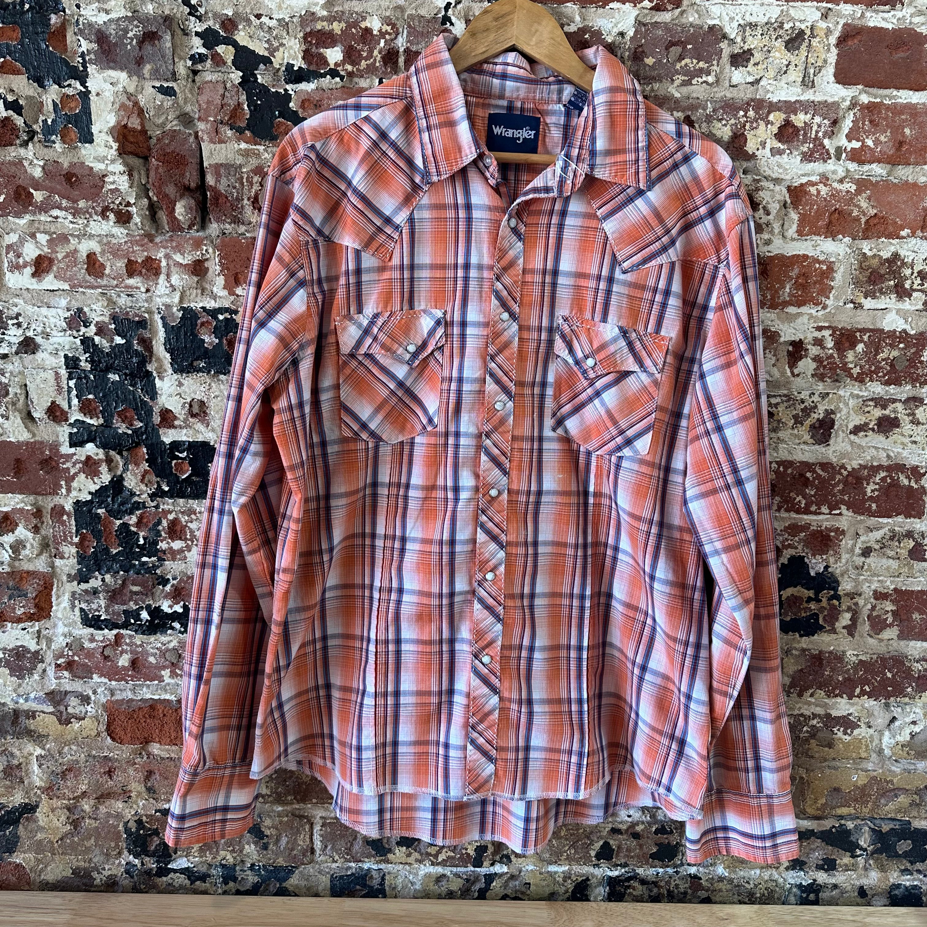 Wrangler Shirt Mens XL Long Sleeve Button Pocket Rockabilly Western Snap Orange