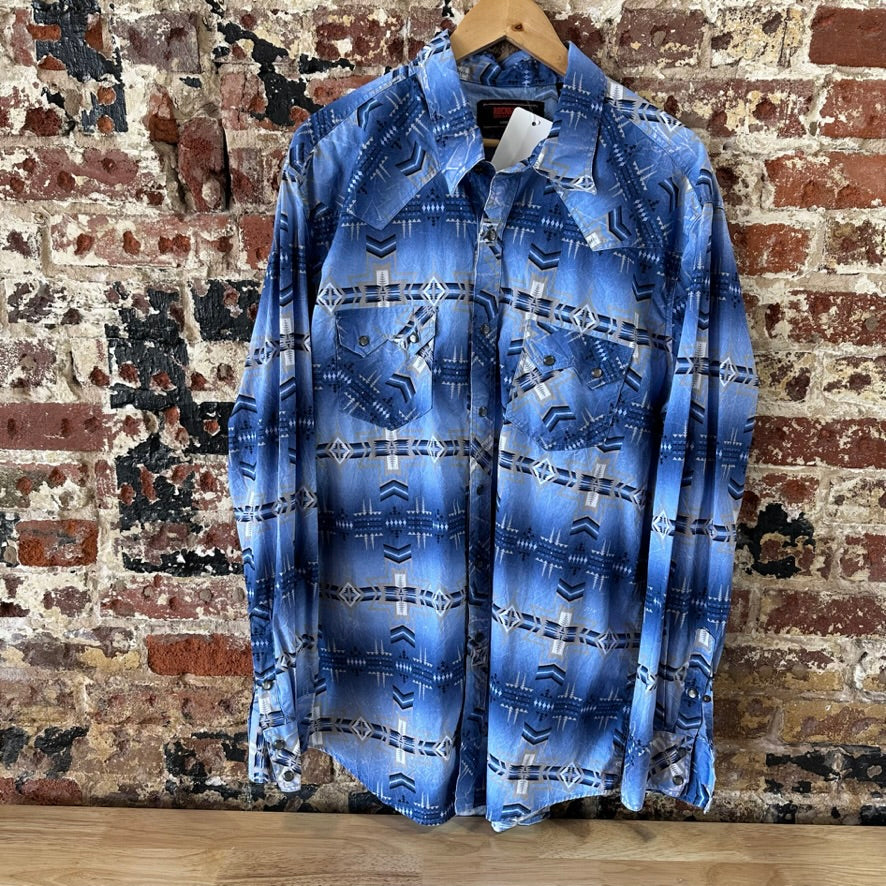 Rock N Roll Shirt Mens XL Long Sleeve Western Aztec Pearl Snap Southwestern Blue