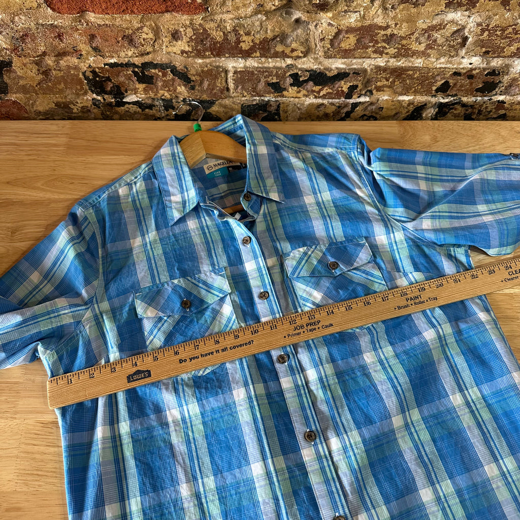 Magellan Womens XL Long Sleeve Button Shirt Blue Plaid Roll Tab Sleeves