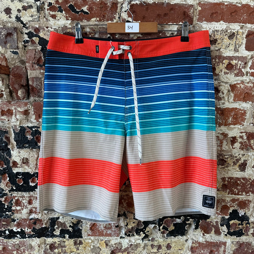 Vans Swim Trunks Board Shorts Size 34 Red Blue Striped Beach Lake 9" inseam
