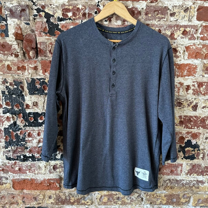 Under Armour Project Rock Henley Shirt Med Gray 3/4 Sleeve HeatGear Blood Sweat