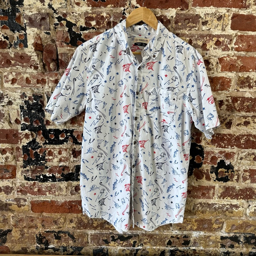 Magellan Shirt Mens Small Short Sleeve Button Down Fish Gear 4th of July