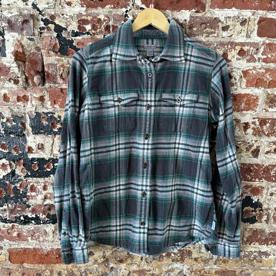 Carhartt Womens Small Button Up Flannel Shirt Gray Green Plaid long sleeve