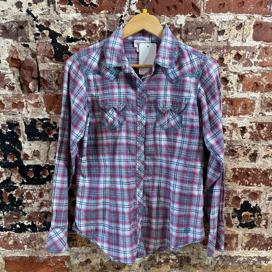 Ariat Womens Shirt Long Sleeve Snap Button Front Plaid Western Print Medium