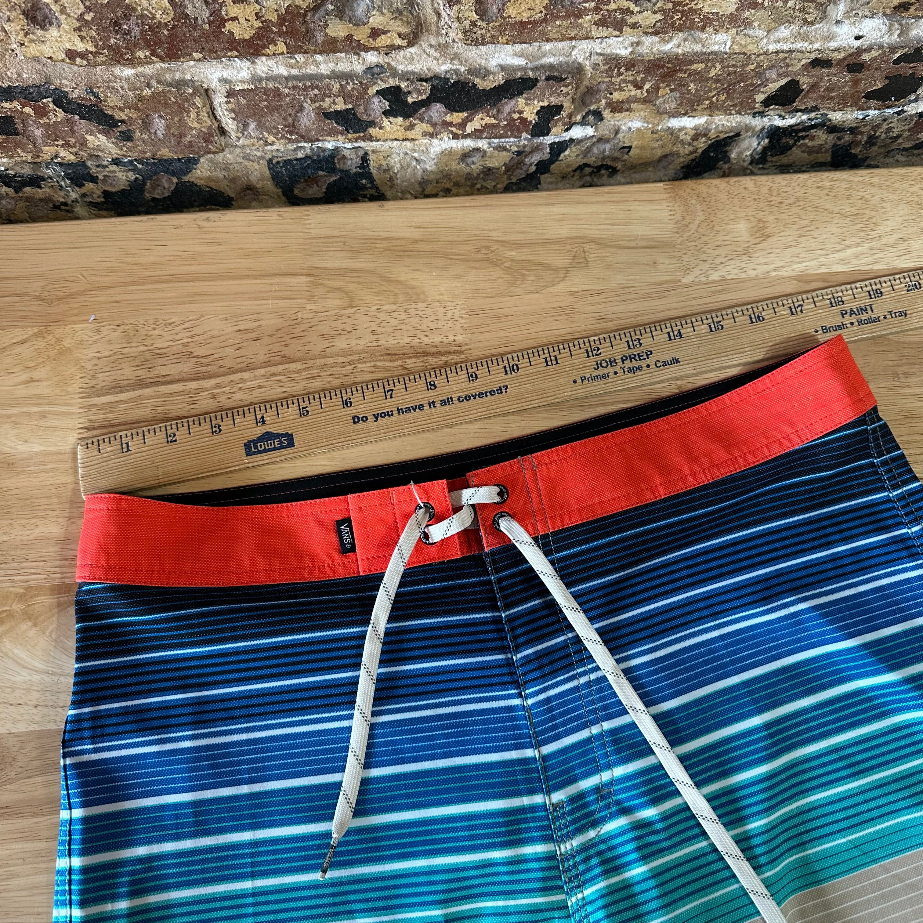 Vans Swim Trunks Board Shorts Size 34 Red Blue Striped Beach Lake 9" inseam