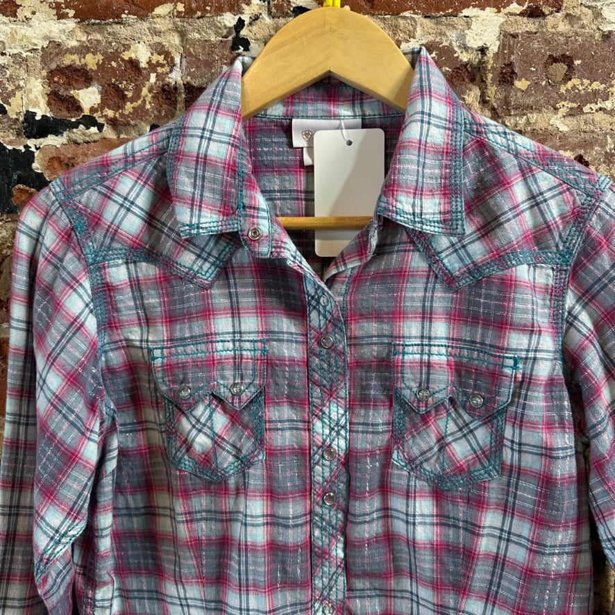 Ariat Womens Shirt Long Sleeve Snap Button Front Plaid Western Print Medium