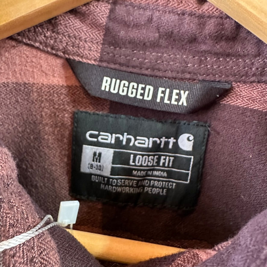 Carhartt Womens Medium Button Up Flannel Shirt Purple Plaid long sleeve Loose