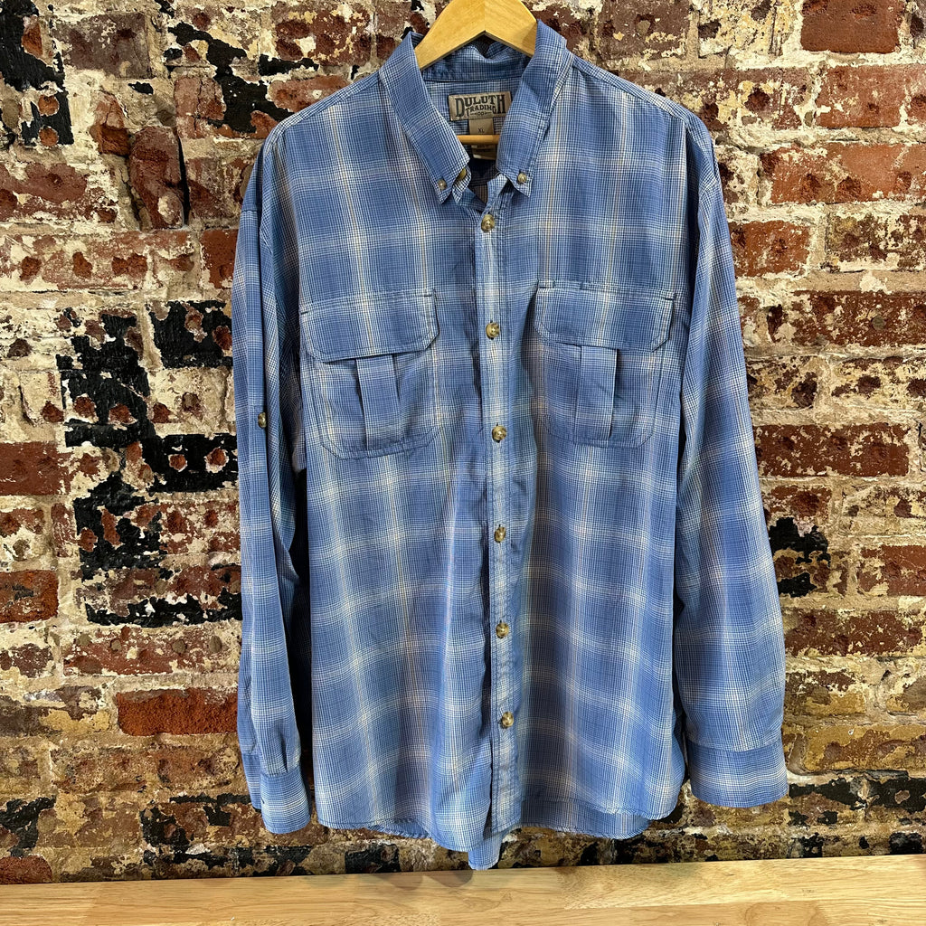 Duluth Trading Mens XL Button Down Shirt Blue Plaid Long sleeve Nylon