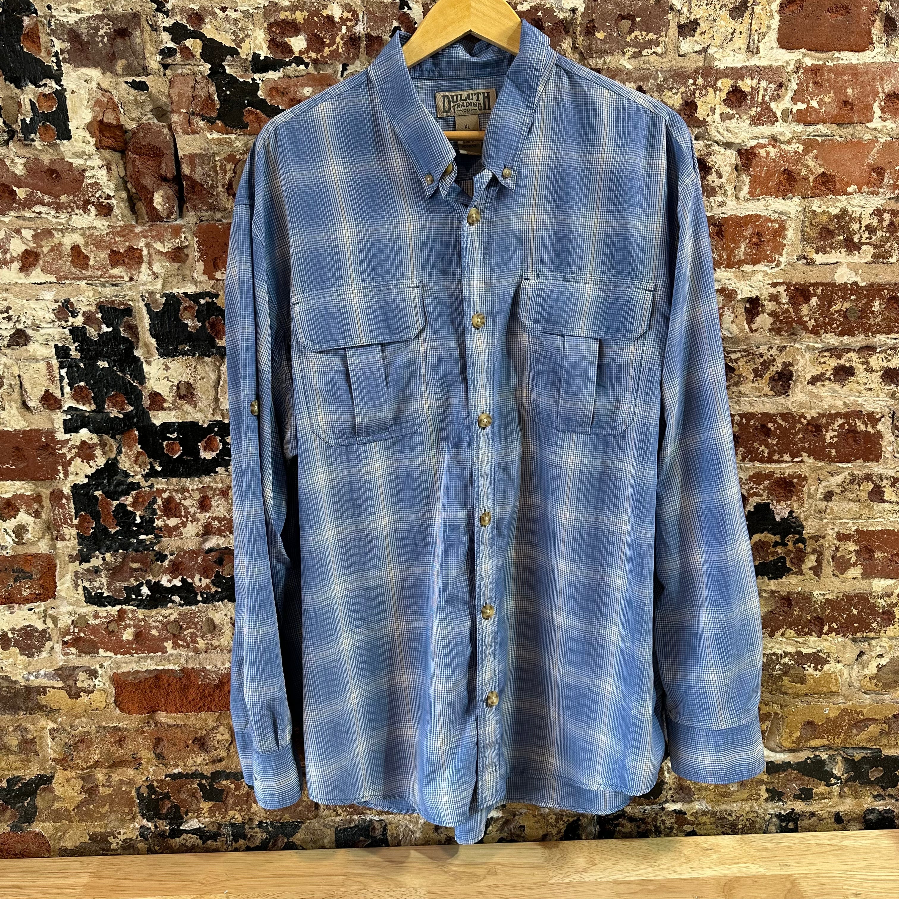 Duluth Trading Mens XL Button Down Shirt Blue Plaid Long sleeve Nylon