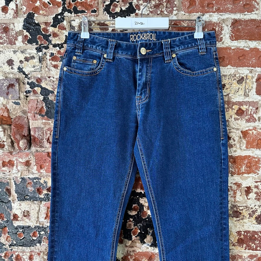 Rock & Roll Cowgirl Boyfriend Jeans Womens 27x32 Blue Denim Stretch Thick Stitch