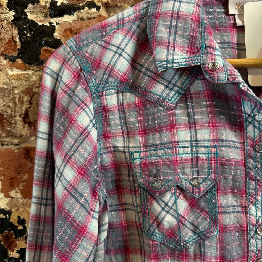 Ariat Womens Shirt Long Sleeve Snap Button Front Plaid Western Print Medium