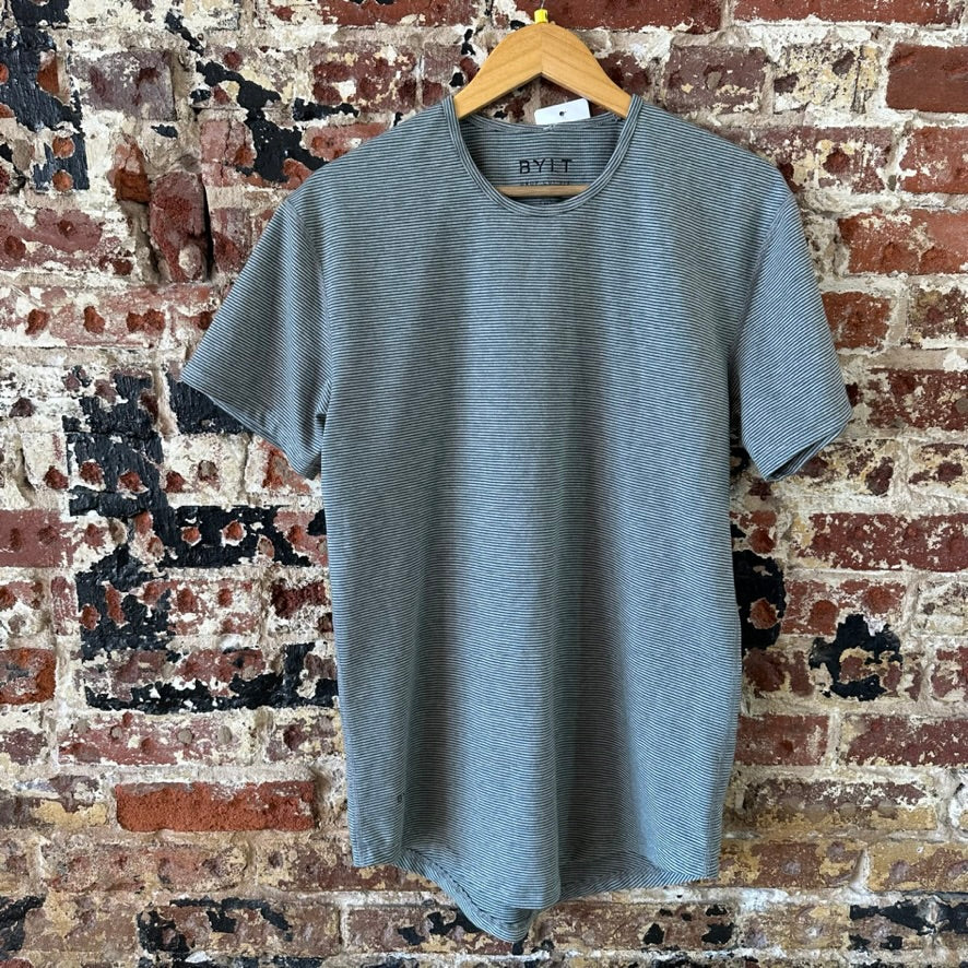 BYLT Drop Cut Mens Medium Short Sleeve Stretch T Shirt Green striped