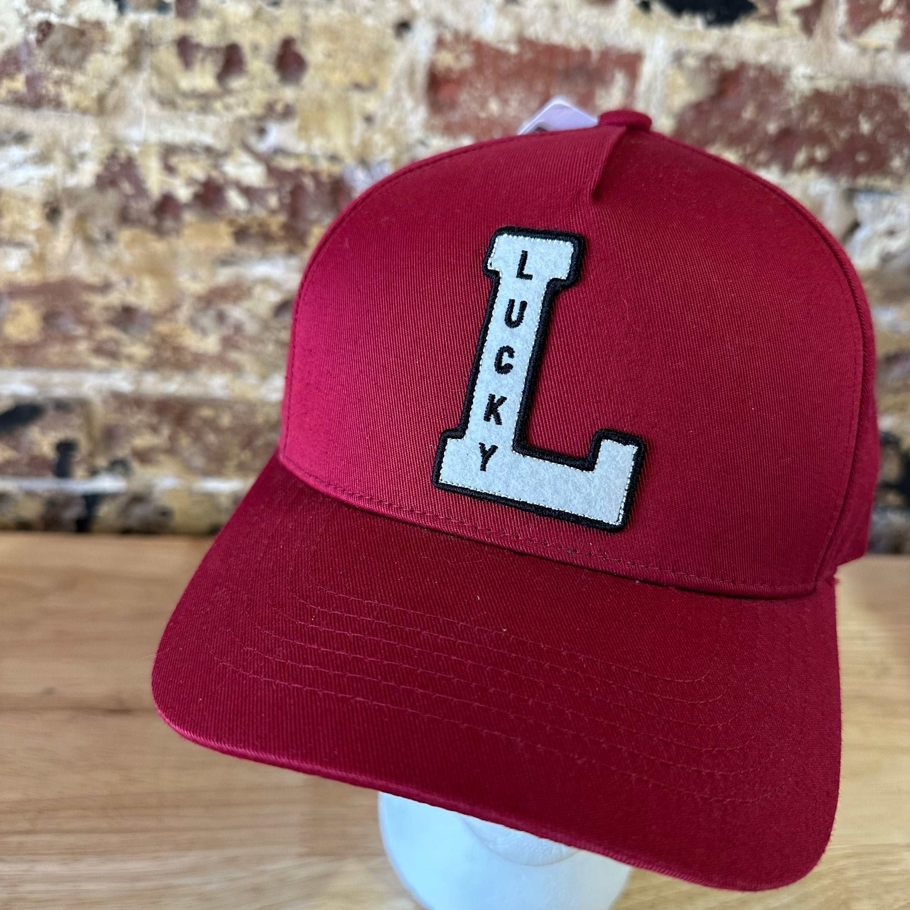 Lucky Brand Mens Red Varsity L Logo Snapback Hat Adjustable Cotton Baseball Cap