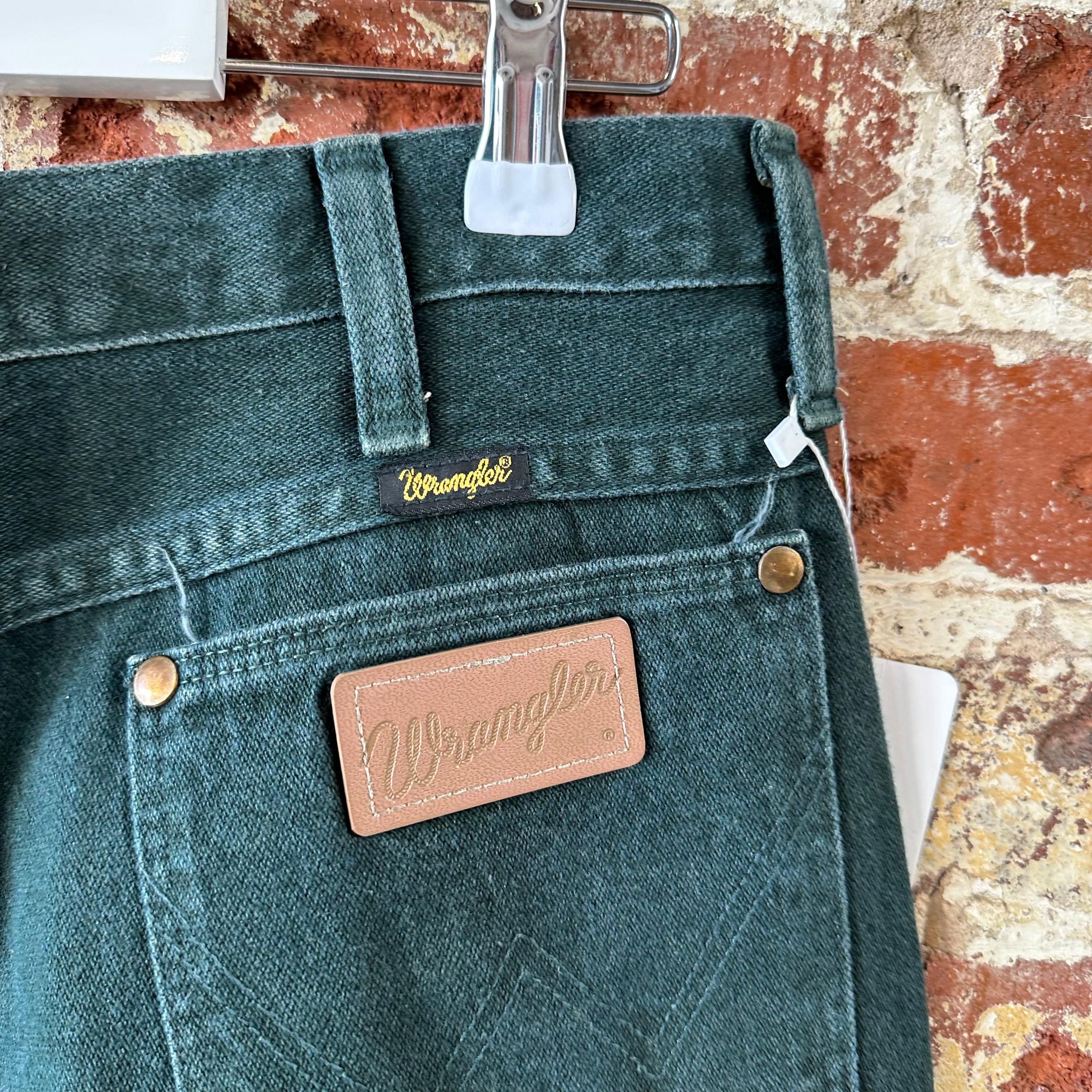 VTG Wrangler Mens Green Denim Pants Sz 34x30 Jeans Straight Leg Made in USA 936