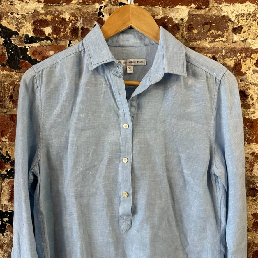 Southern Tide Womens XS 1/4 Button Linen Shirt Blue long sleeve