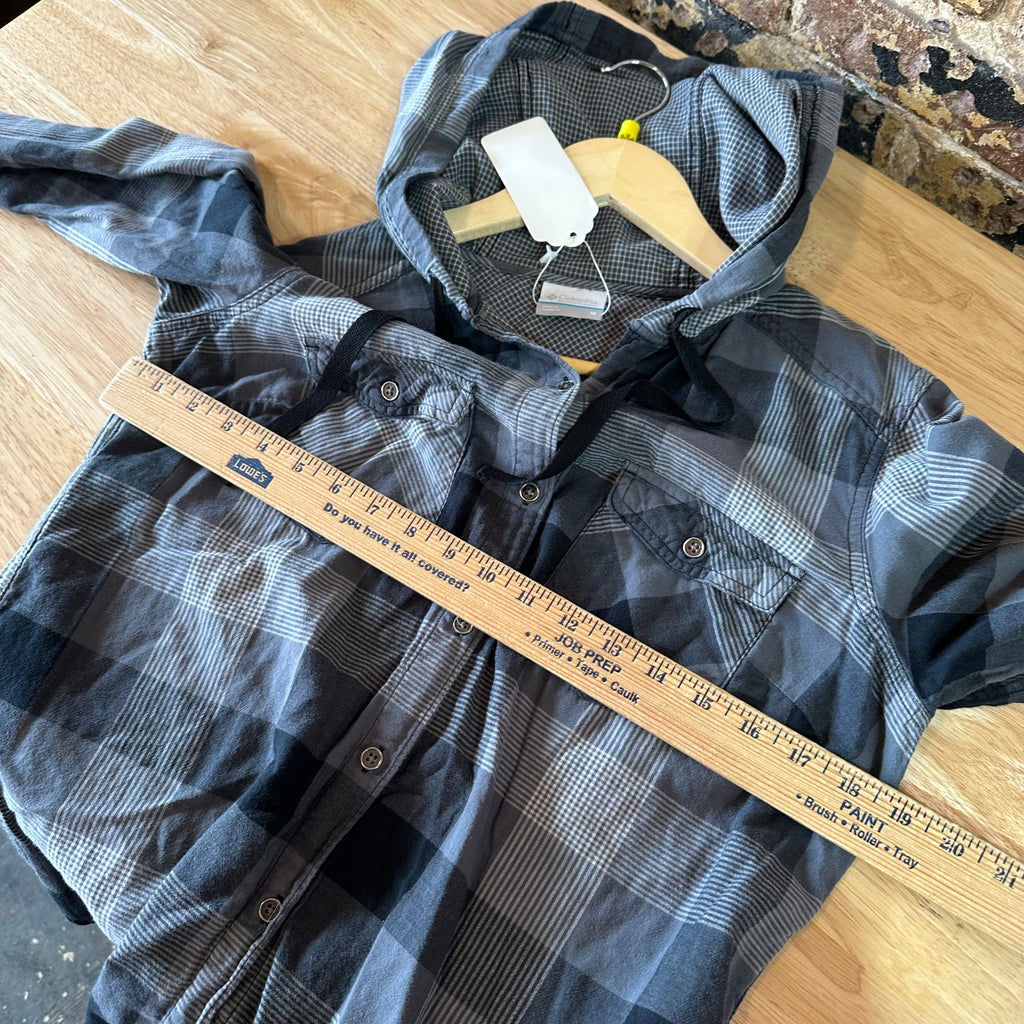 Columbia Shirt Womens Medium Long Sleeve Button Up Gray Black Hooded
