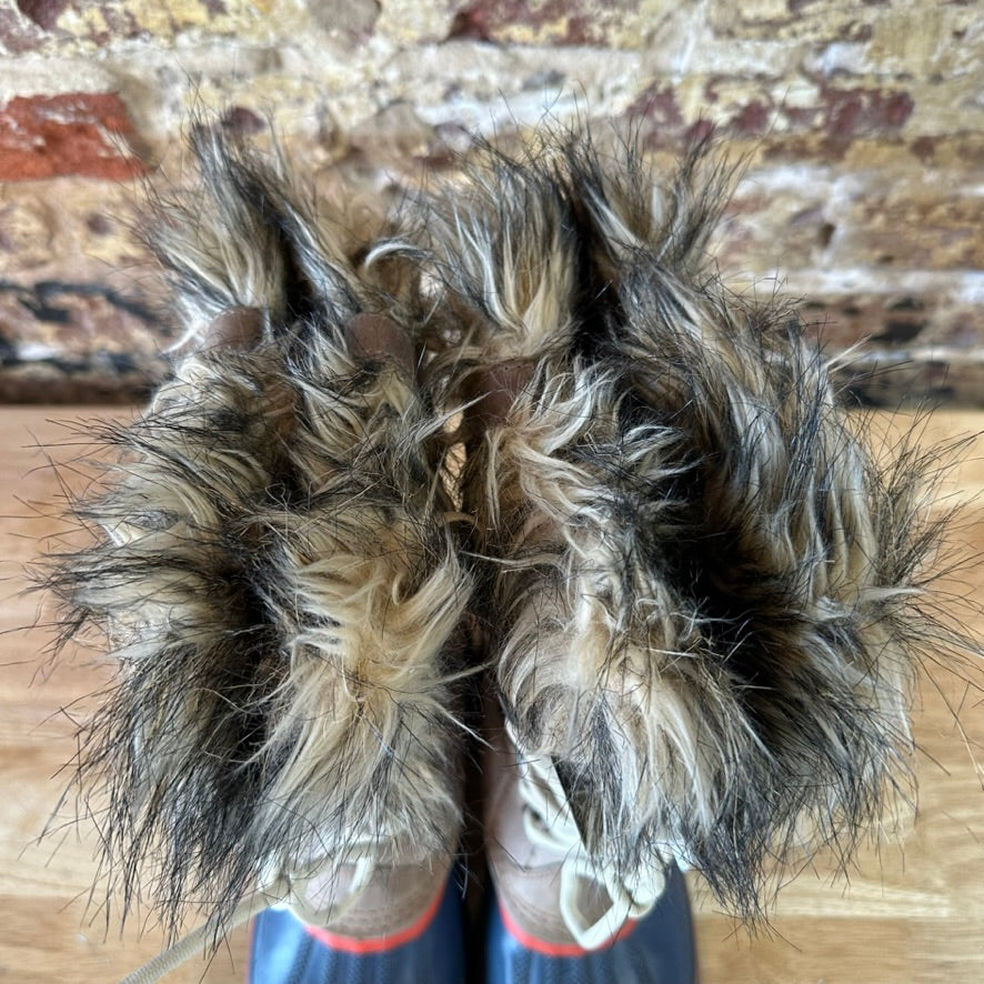 Sorel Joan Of Arctic Faux Fur Trimmed Leather Lace Up Boots Size 7 Tan Blue