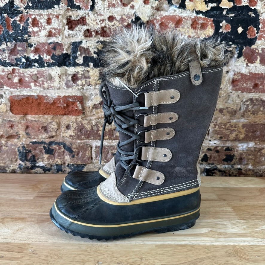 Sorel Joan Of Arctic Faux Fur Trimmed Leather Lace Up Boots Size 9 Gray