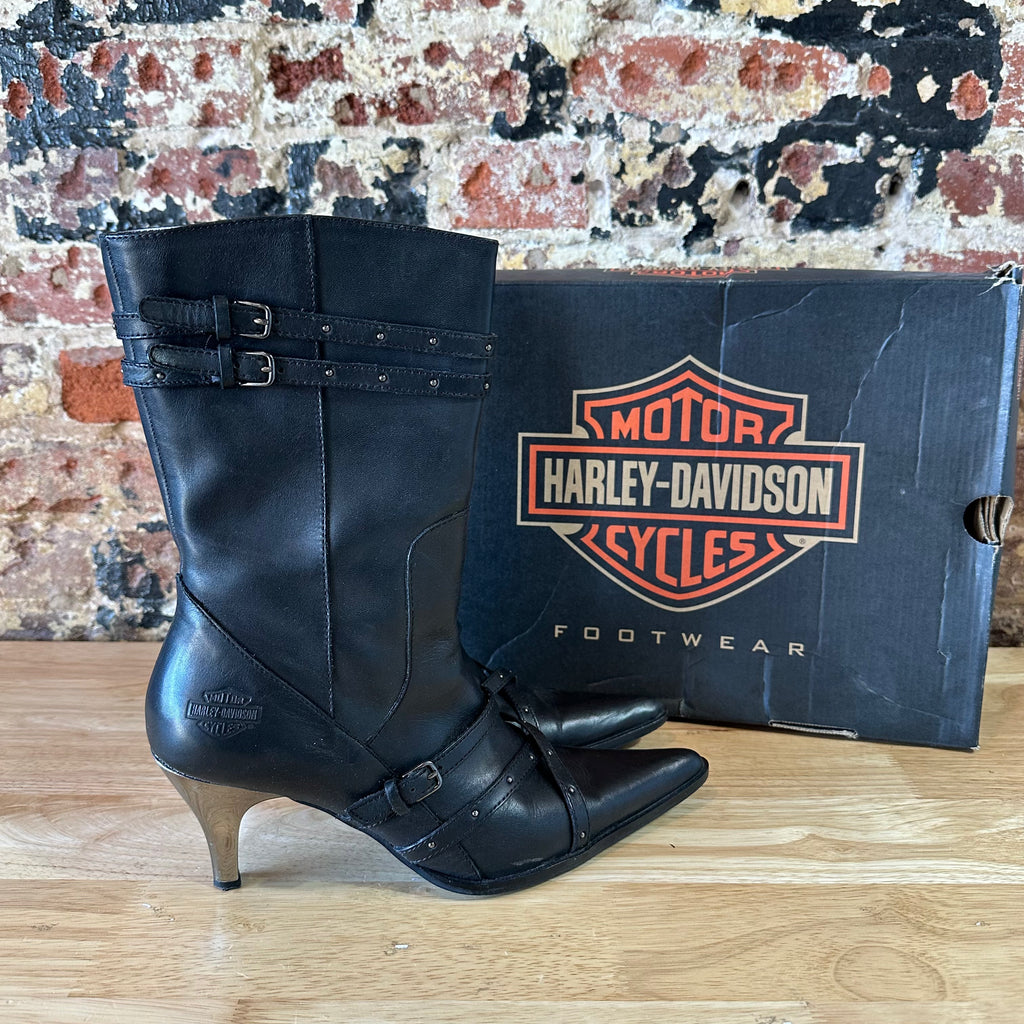 Harley-Davidson Women's 7.5 Black Stiletto Heel Zipper Biker Boots Amelia Chrome