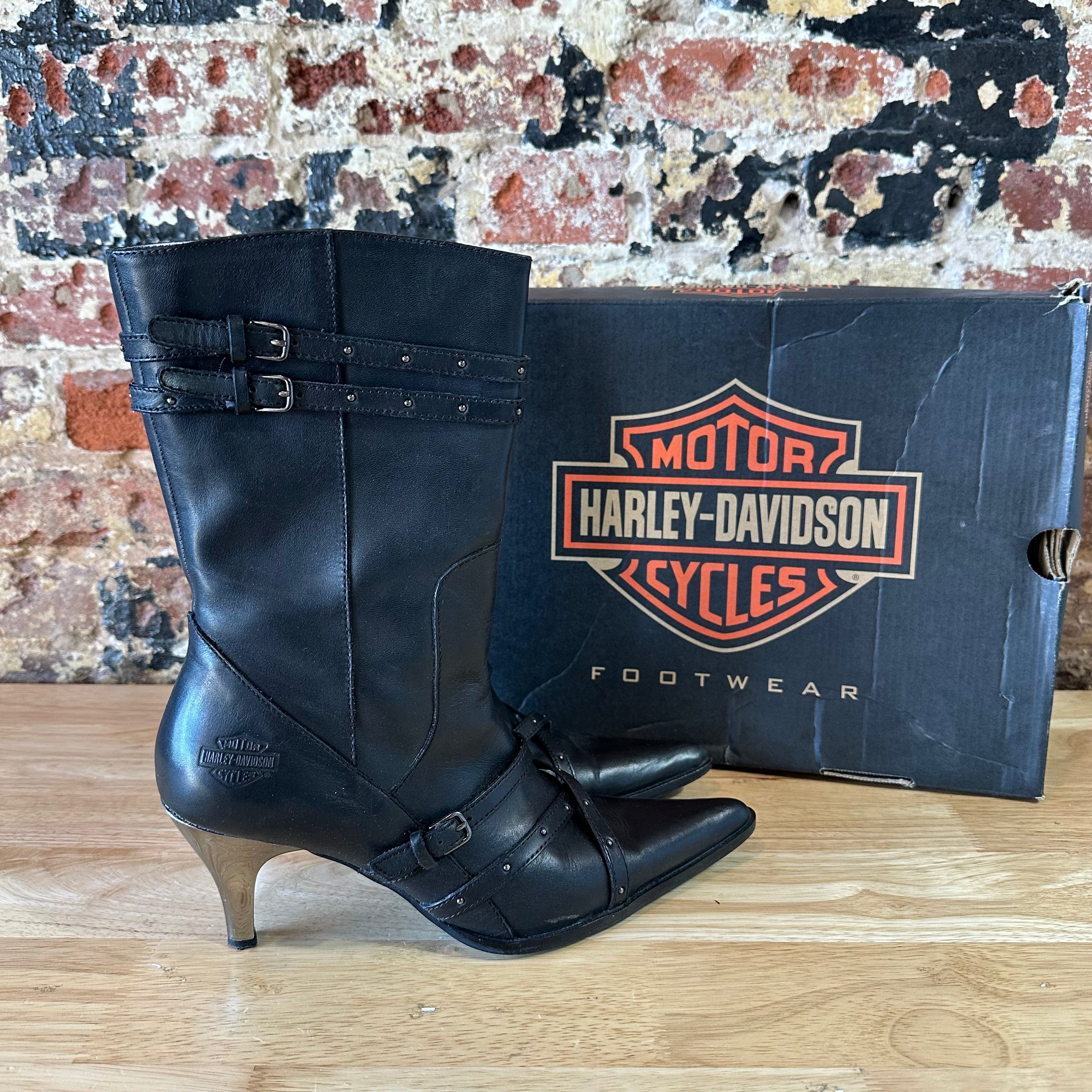 Harley-Davidson Women's 7.5 Black Stiletto Heel Zipper Biker Boots Amelia Chrome