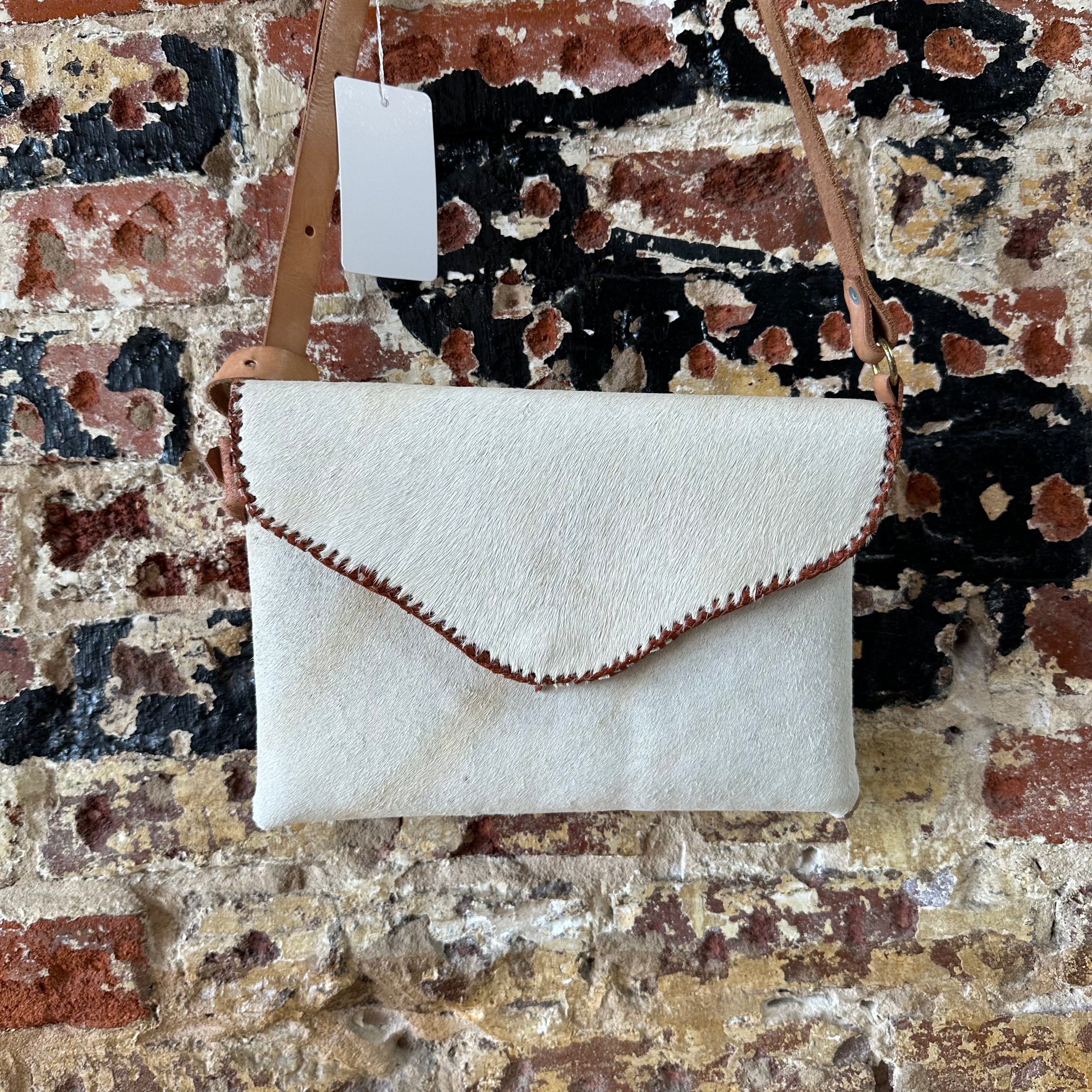 Vintage Western Cowhide Crossbody Bag Leather Handbag White 10"x8.5"