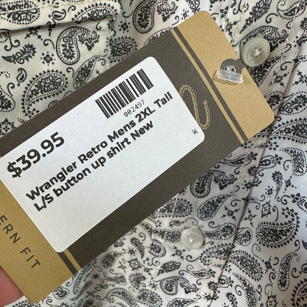 Wrangler Retro Button Up Shirt Mens 2XL Tall Pearl Snap Western Gray Paisley NEW