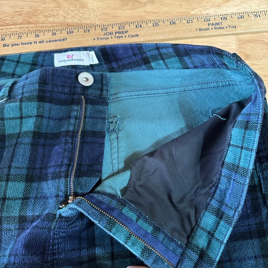Vineyard Vines Straight Crop Women’s 33 Corduroy Pants Plaid Blue Green Holiday