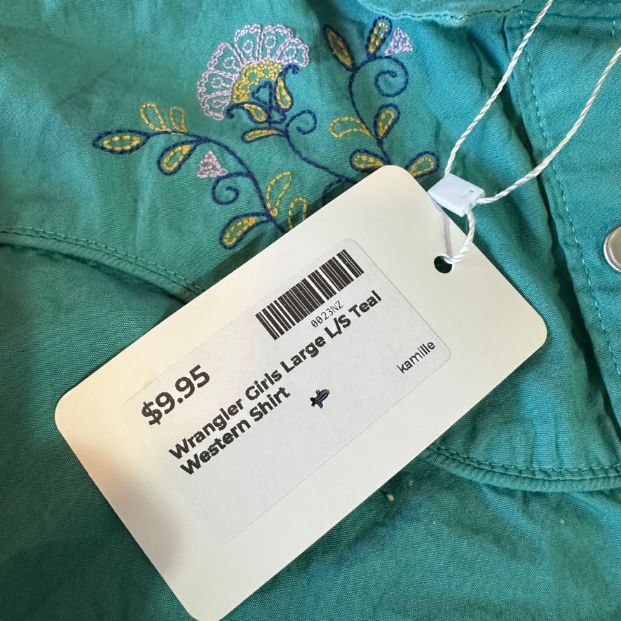 Wrangler Girls Shirt Size Large Western Pearl Snap Long Sleeve Teal