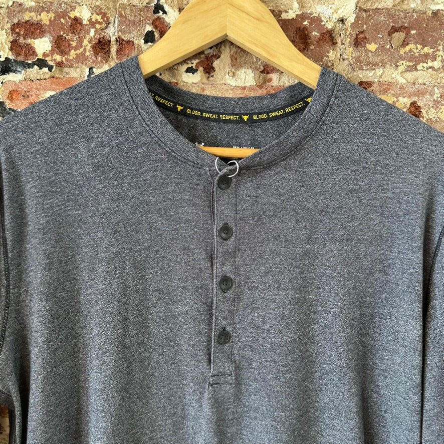 Under Armour Project Rock Henley Shirt Med Gray 3/4 Sleeve HeatGear Blood Sweat