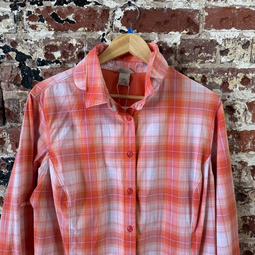 Duluth Trading Womens 2XL Button Up Shirt Orange Plaid Long sleeve vented