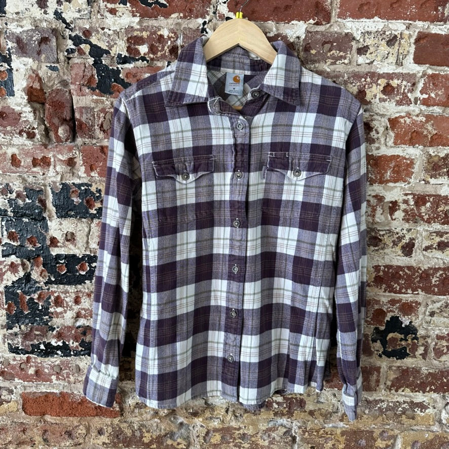 Carhartt Womens Medium Button Up Flannel Shirt Purple Plaid long sleeve