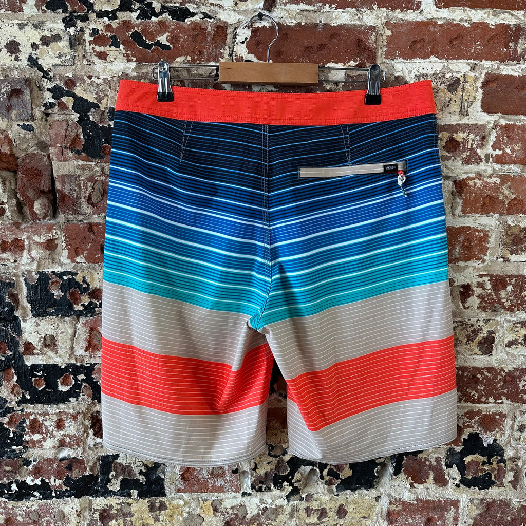 Vans Swim Trunks Board Shorts Size 34 Red Blue Striped Beach Lake 9" inseam