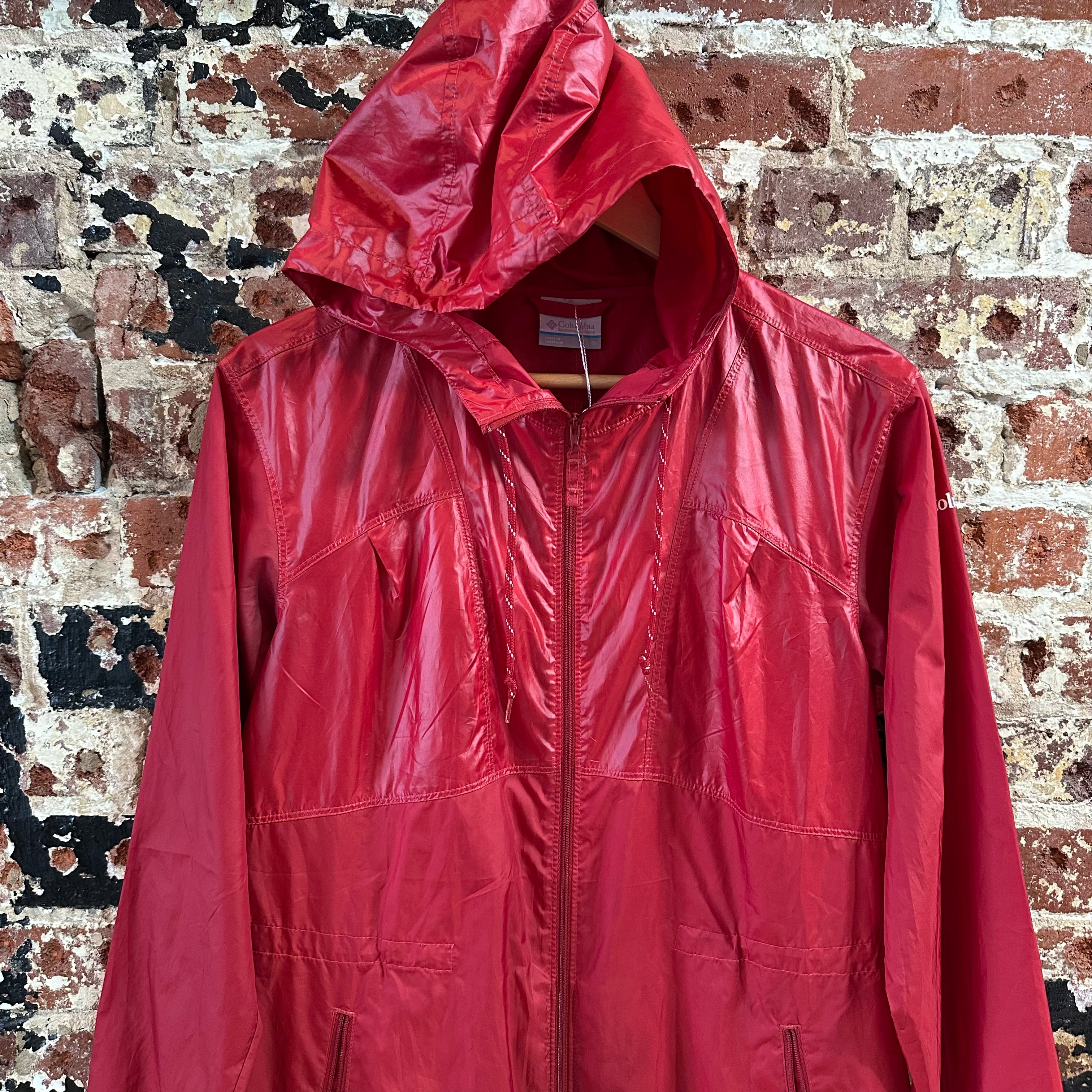 Columbia Windbreaker Women's Small Red Outdoor Rain Jacket Full Zip Hooded