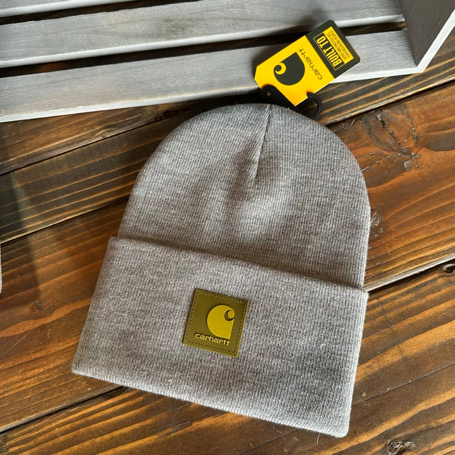 Carhartt A18 Rib Knit Cuffed Beanie Gray w/ green patch NEW Hat One size